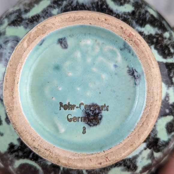 Vintage Mid-Century Fohr Keramic 320-0 Vase Turquoise Black Lava Glaze Gold Ger - Picture 8 of 9